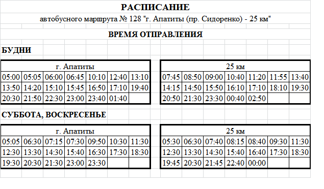 Расписание пригородного автобуса №128 (г. Апатиты (пр. Сидоренко) - 25 км (кукисвумчорр
