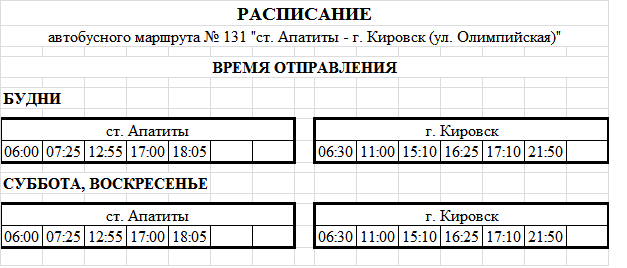 Расписание пригородного  автобуса №131 (г. Апатиты (ж.д. вокзал) - г. Кировск (ул. Олимпийская)