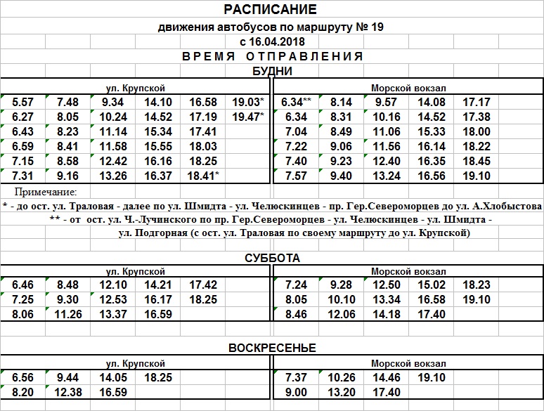 Расписание автобуса №19 ( Крупской - Морской вокзал ) Мурманск