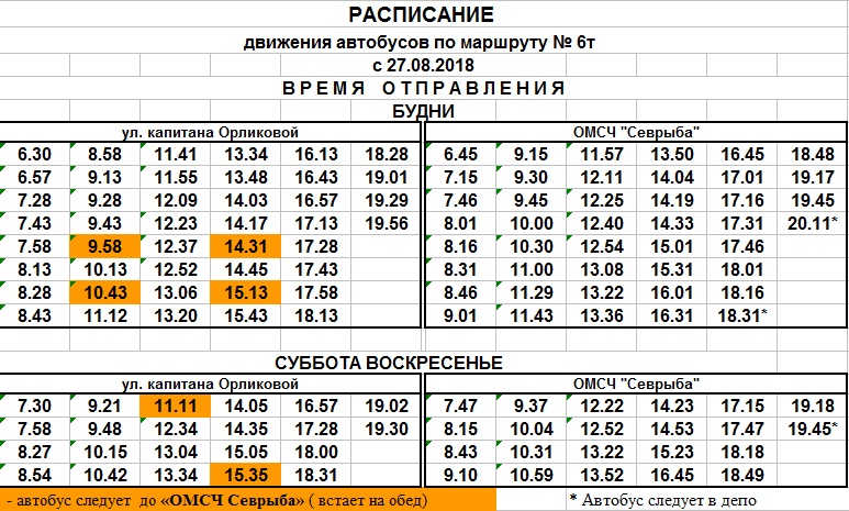 Расписание автобуса №6Т ( ул. Орликовой - ОМСЧ "Севрыба" ) Мурманск